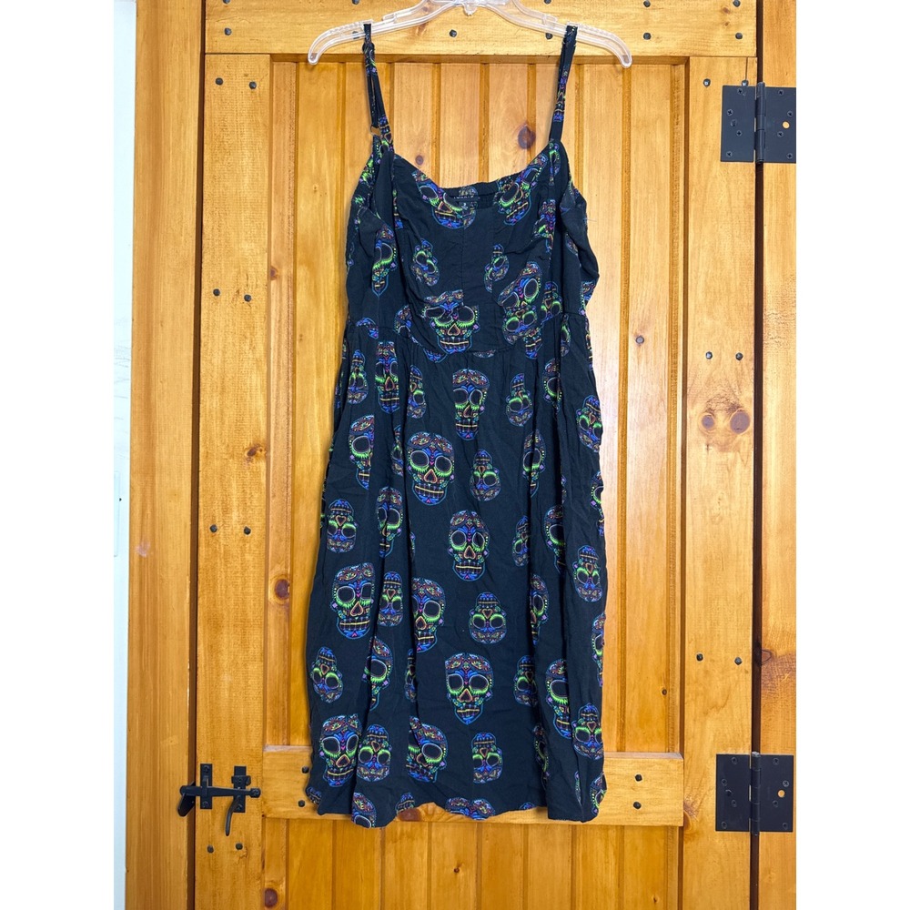 Torrid Black Neon Sugar Skull Skater Dress Plus Size 2 Adjustable Straps Pockets